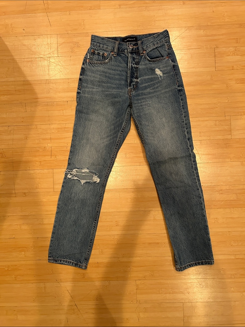 Aeropostale Women's High-Rise Distressed Jeans in Dark Blue Wash